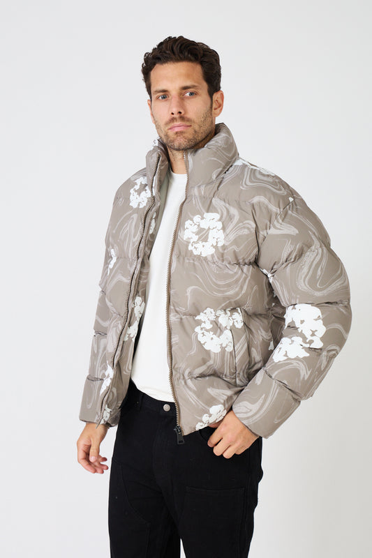 Doudoune homme noire imprimée à motifs floraux blancs