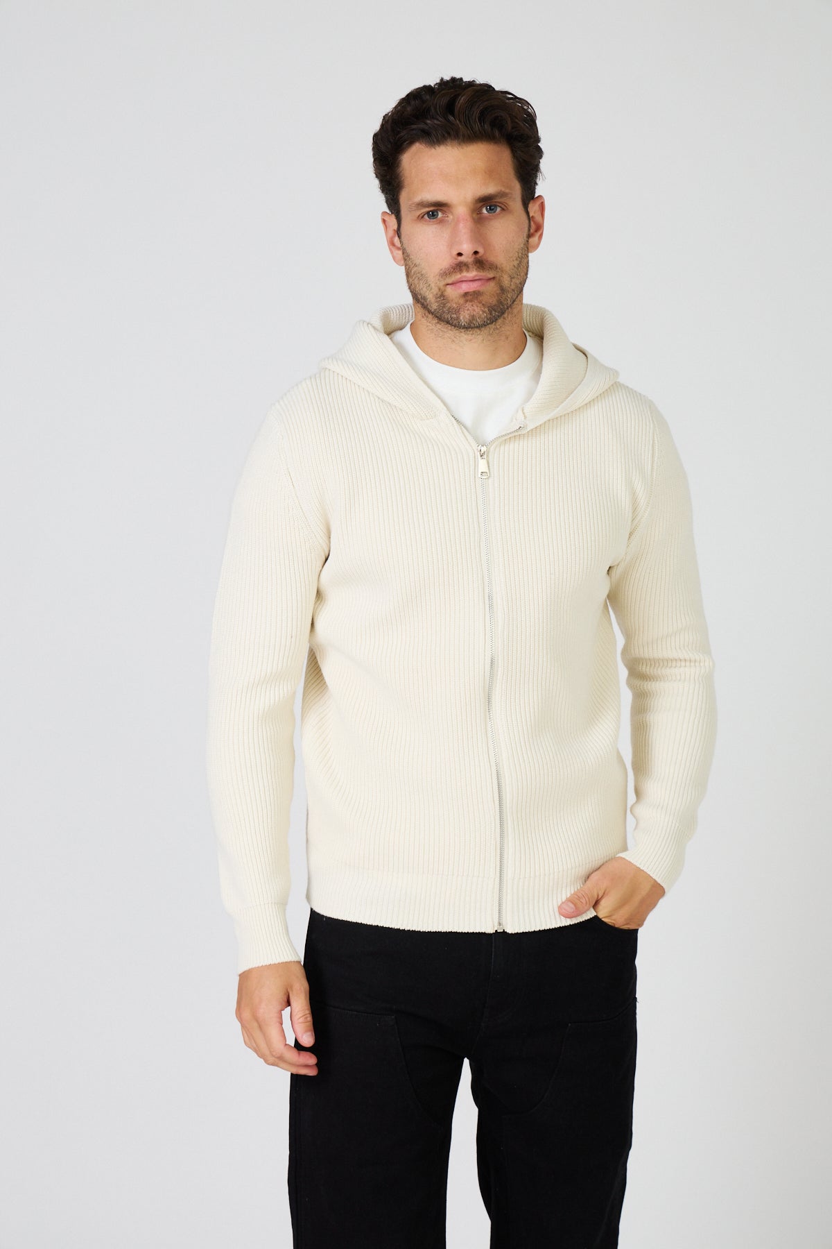 Men's Hooded Zip-Up Sweater Vest - Thick Rib Knit - Cream Off-White