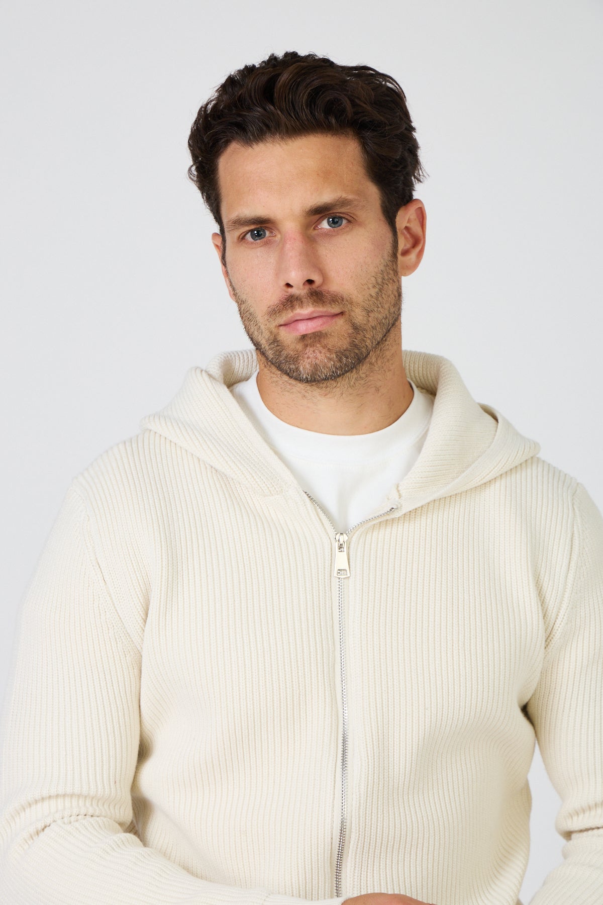 Men's Hooded Zip-Up Sweater Vest - Thick Rib Knit - Cream Off-White