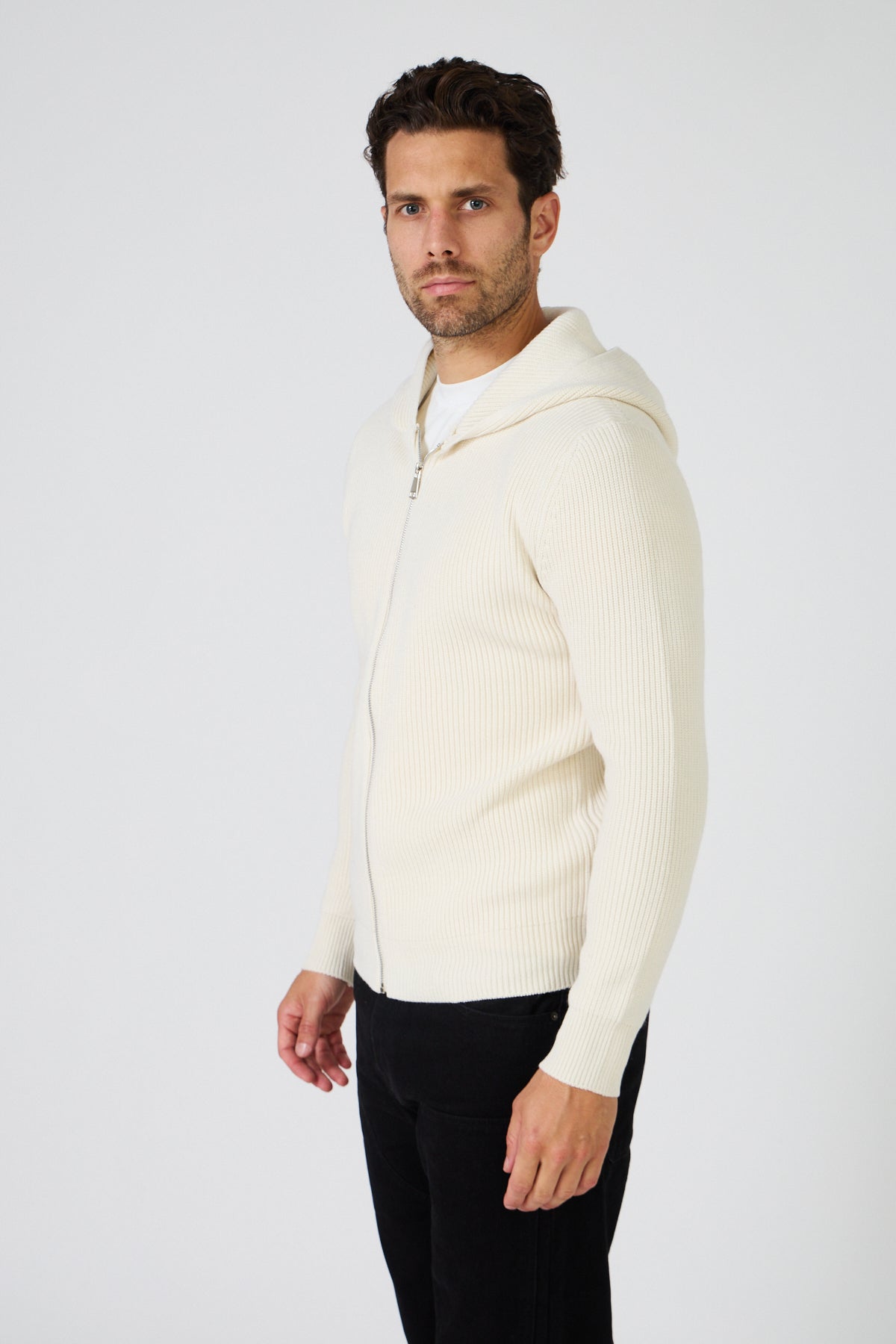 Men's Hooded Zip-Up Sweater Vest - Thick Rib Knit - Cream Off-White