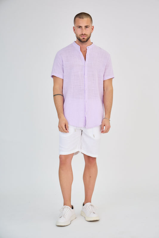 Chemise en Lin Manches Courtes Rose Pâle