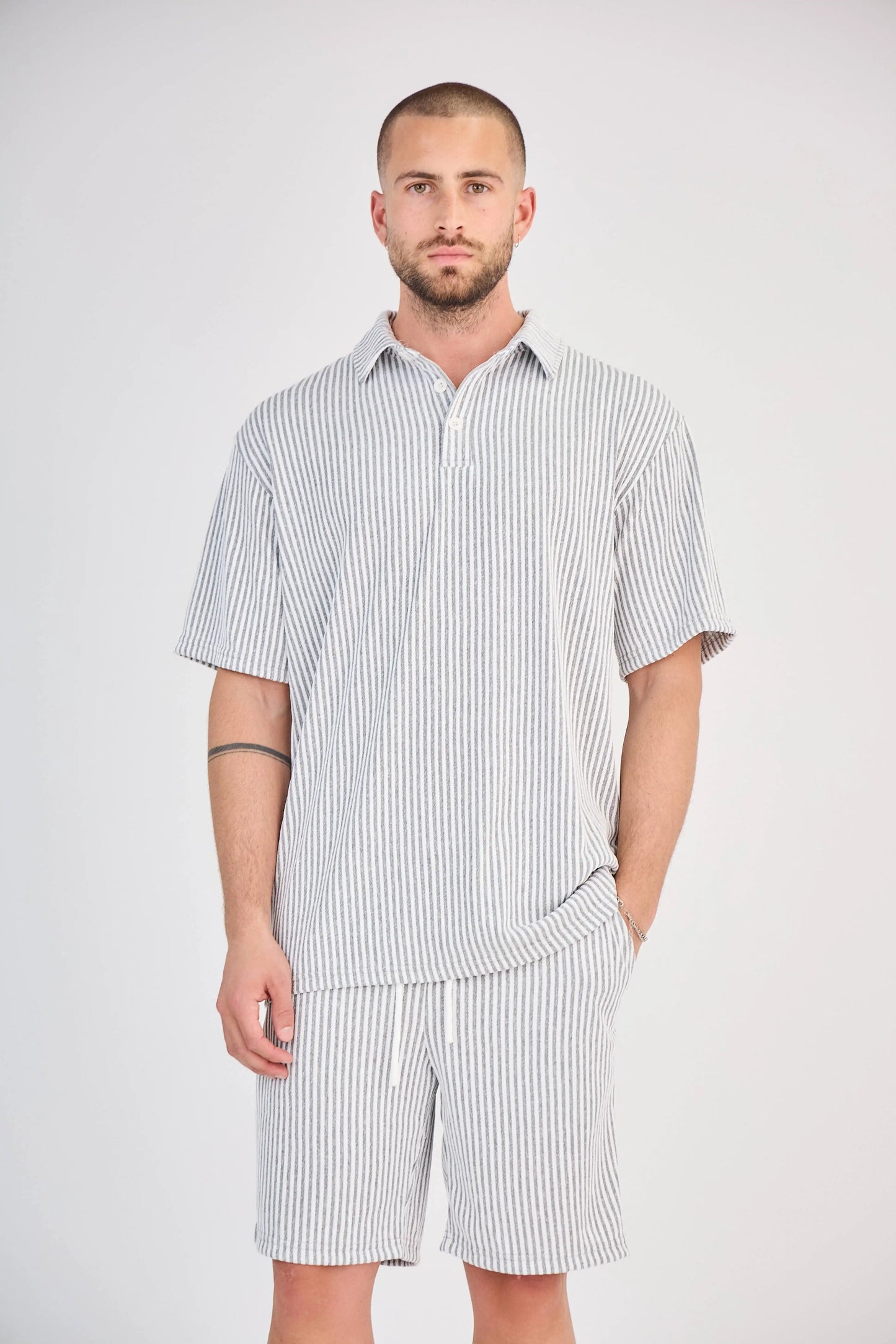 Ensemble Maille Rayée Écru Short