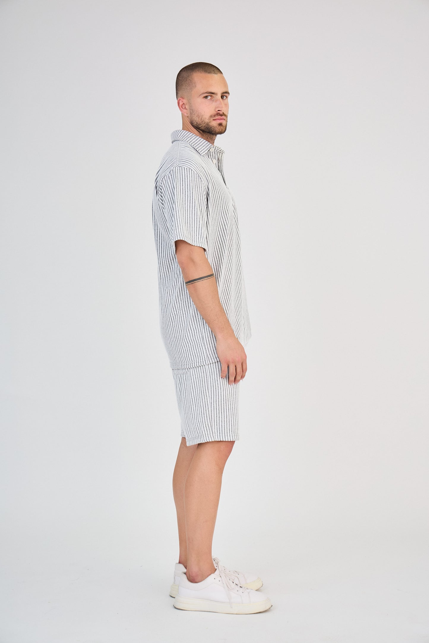 Striped Polo & Shorts Set - Grey