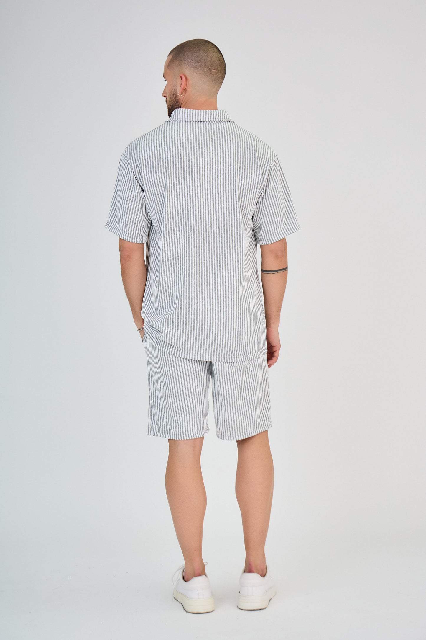 Striped Polo & Shorts Set - Grey