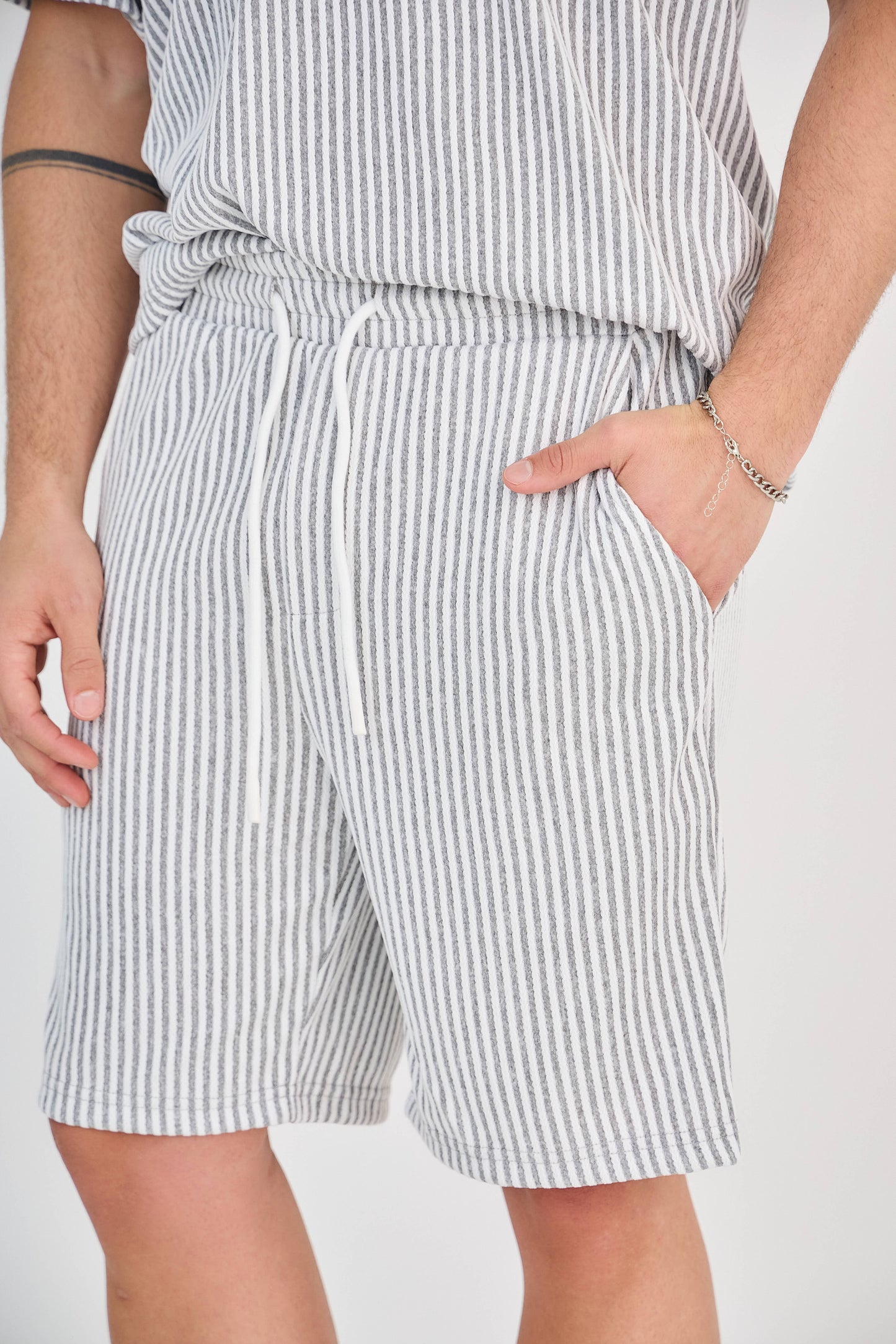 Striped Polo & Shorts Set - Grey