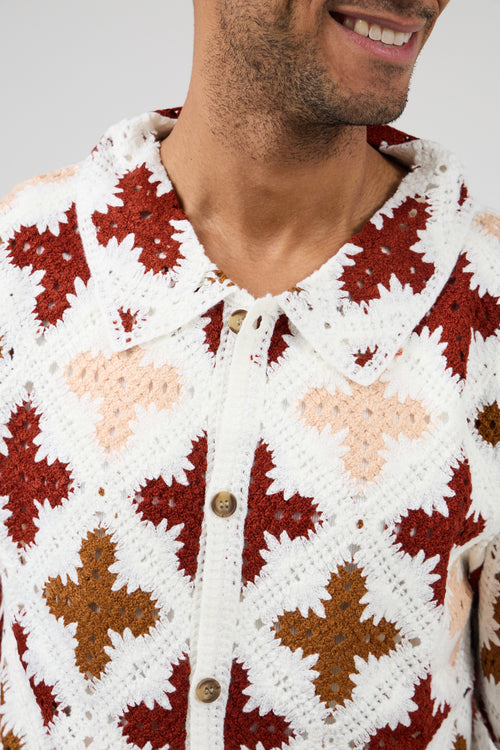 Geometric floral print crochet shirt
