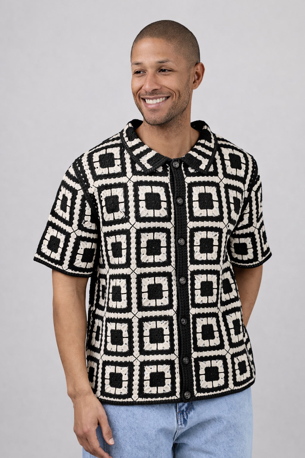 Chemise homme en maille crochet à motifs rétro