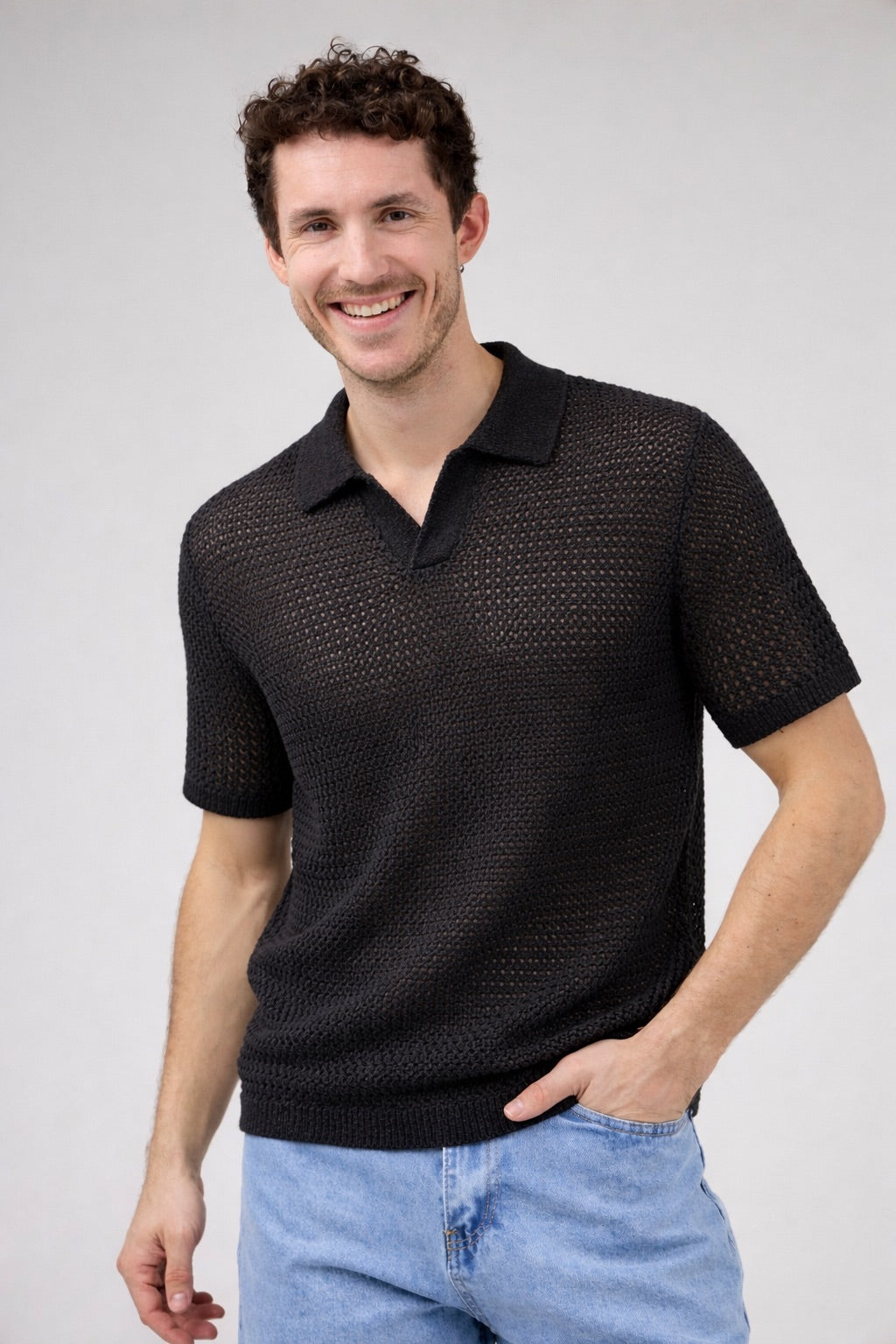 Polo en maille texturée à manches courtes