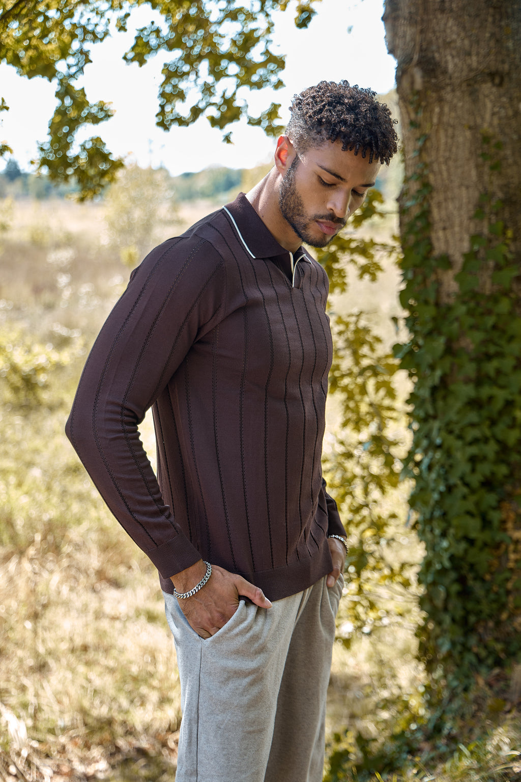 Pull Col Polo à Rayures Texturées