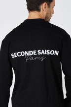 Oversized Long Sleeve T-Shirt - Embroidered 'Seconde Saison Paris' Logo - Black