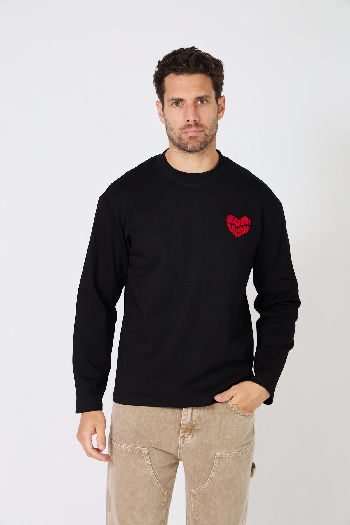T-Shirt Manches Longues Homme - Coeur Rouge Brodé 'Seconde Saison'
