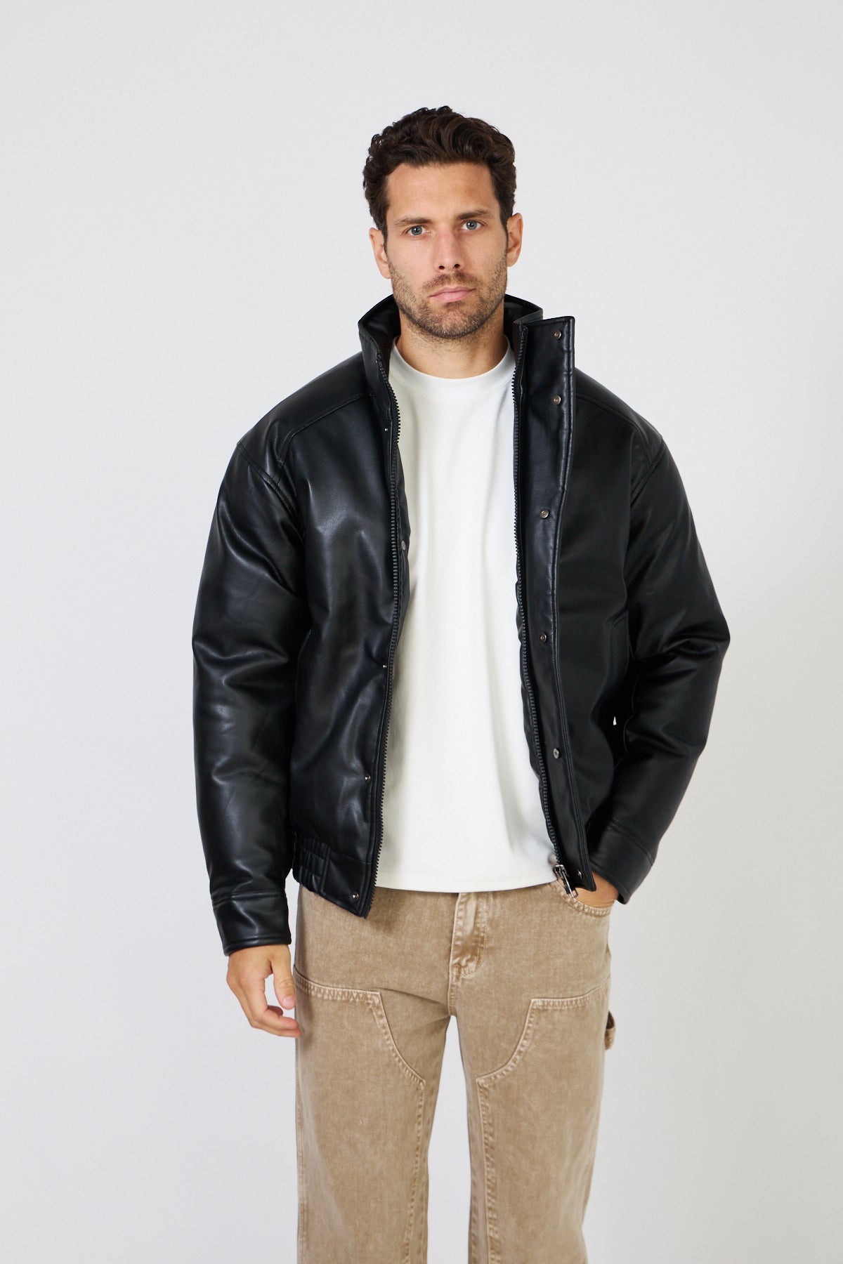 Black faux leather down jacket