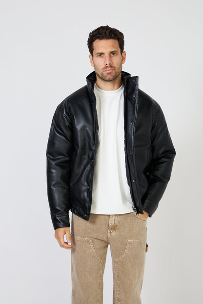 Black faux leather down jacket