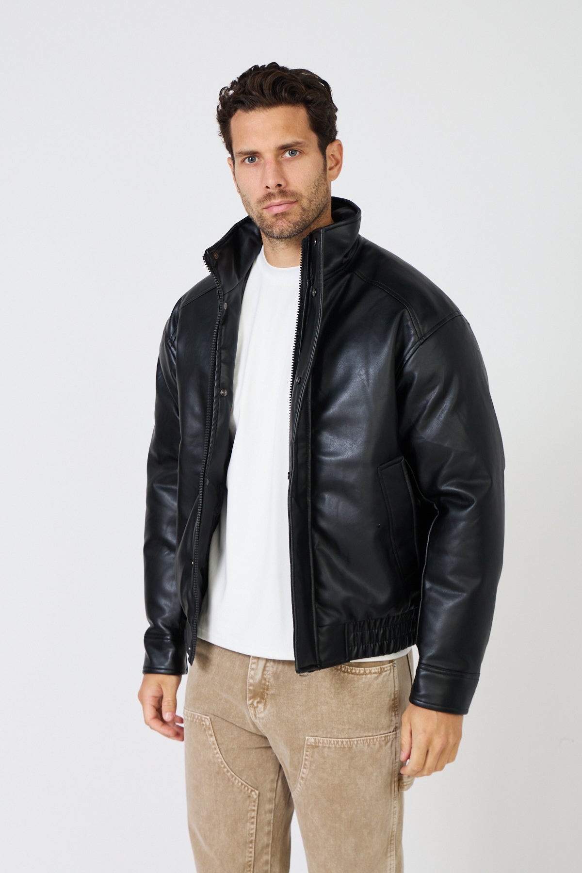 Black faux leather down jacket