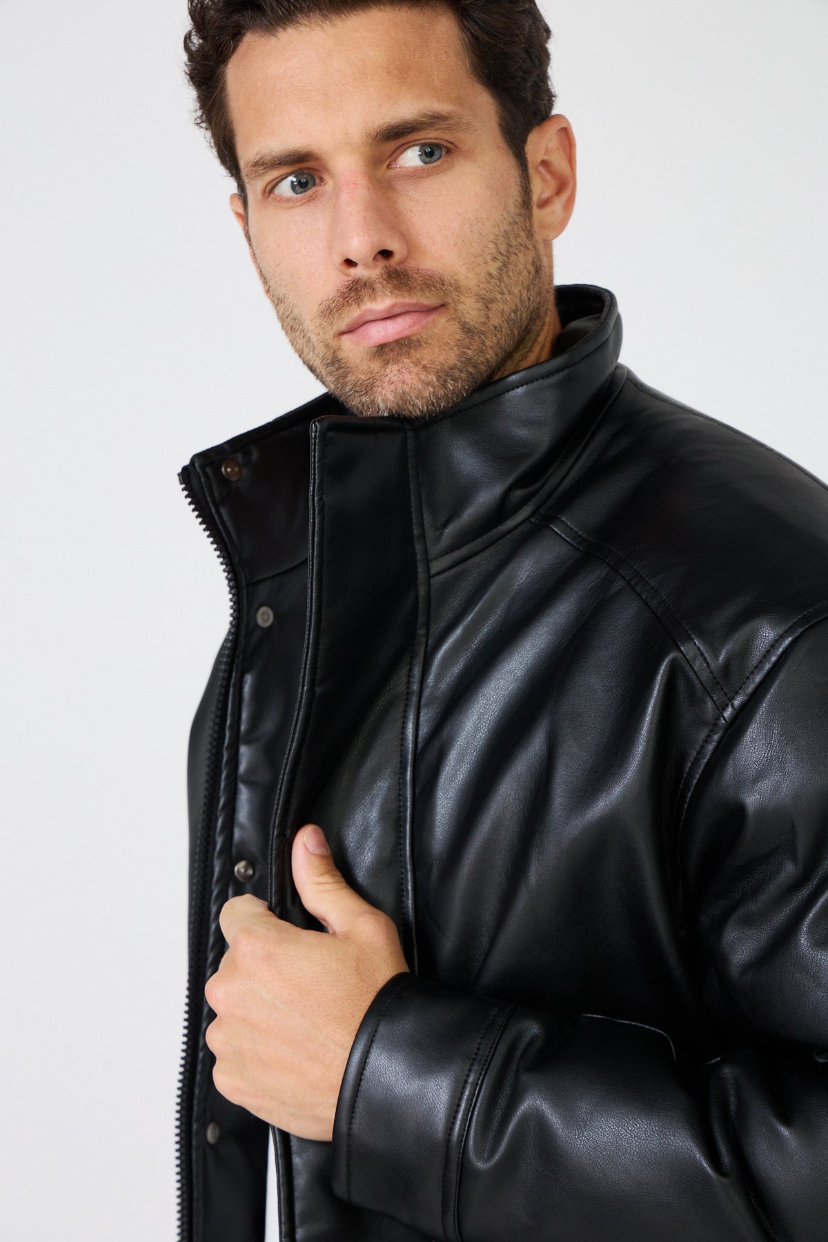 Black faux leather down jacket