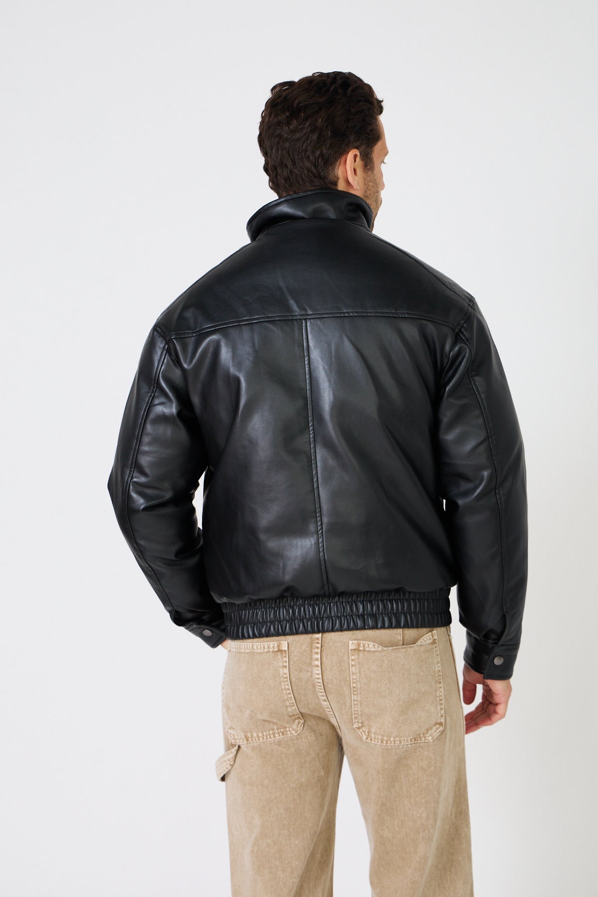 Black faux leather down jacket