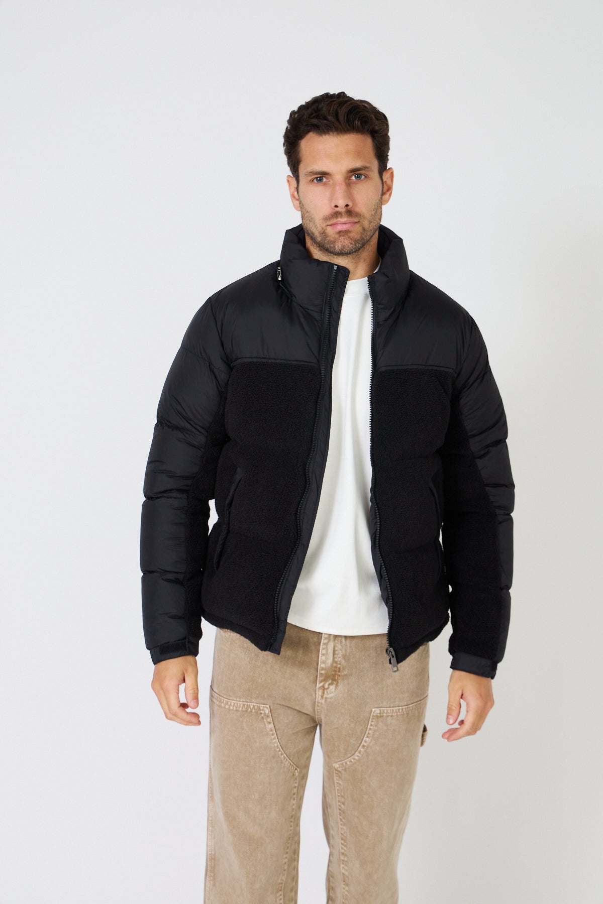 Color-Block Down Jacket with Plush Detail