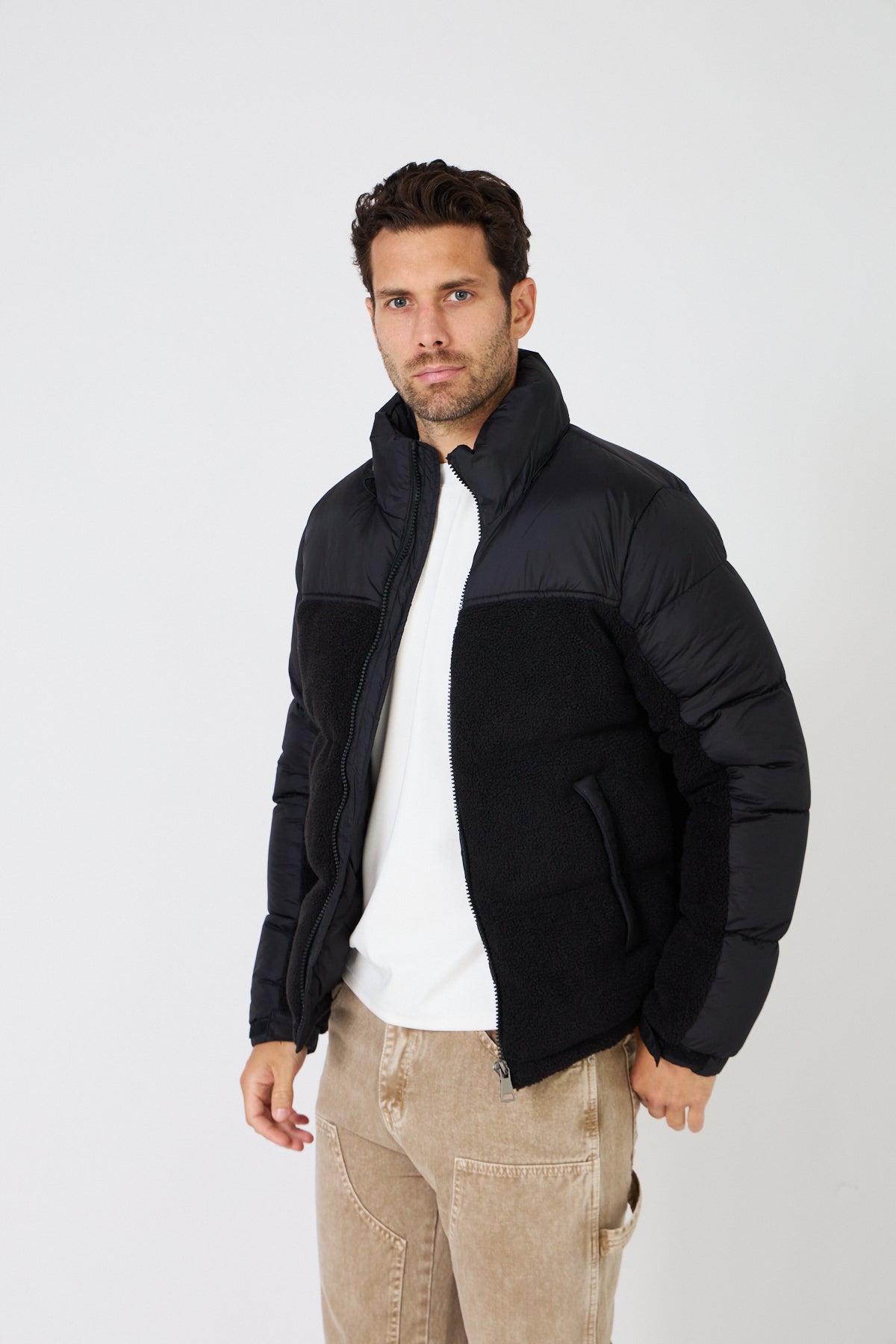 Color-Block Down Jacket with Plush Detail