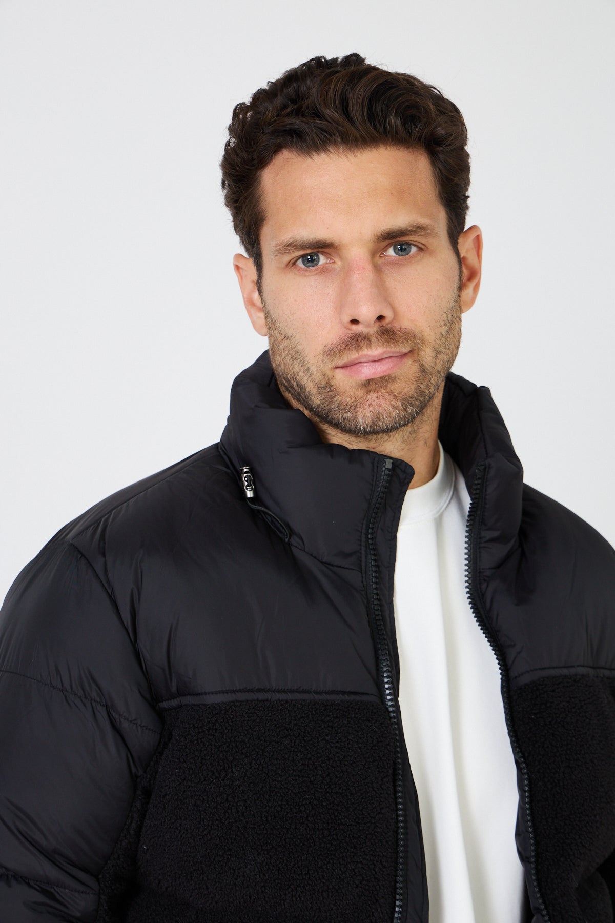 Color-Block Down Jacket with Plush Detail