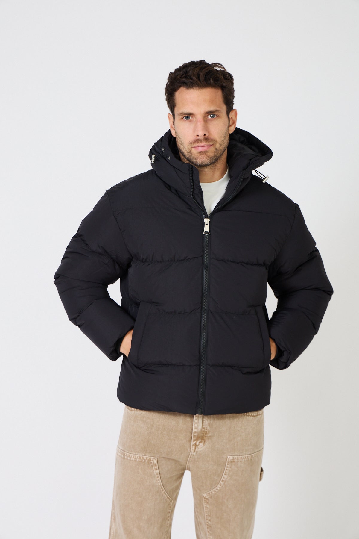 Color-Block Down Jacket with Plush Detail