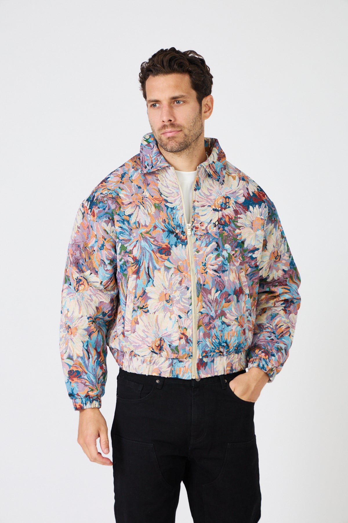 Veste zippée oversize à motif floral jacquard