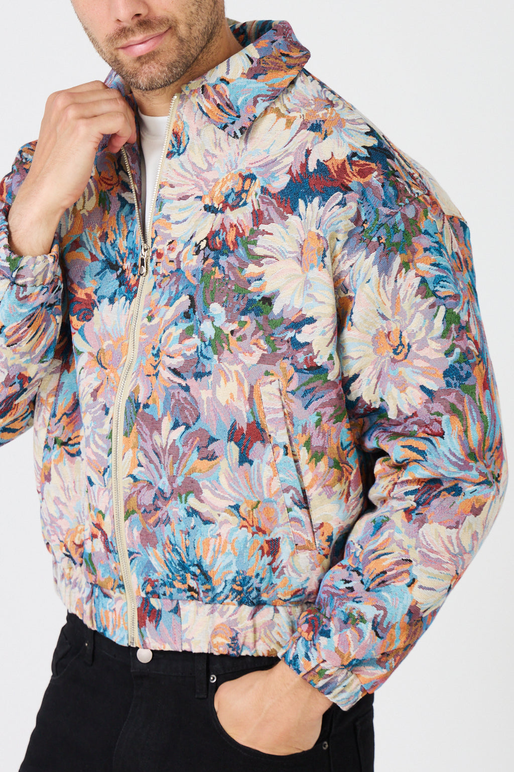 Veste zippée oversize à motif floral jacquard