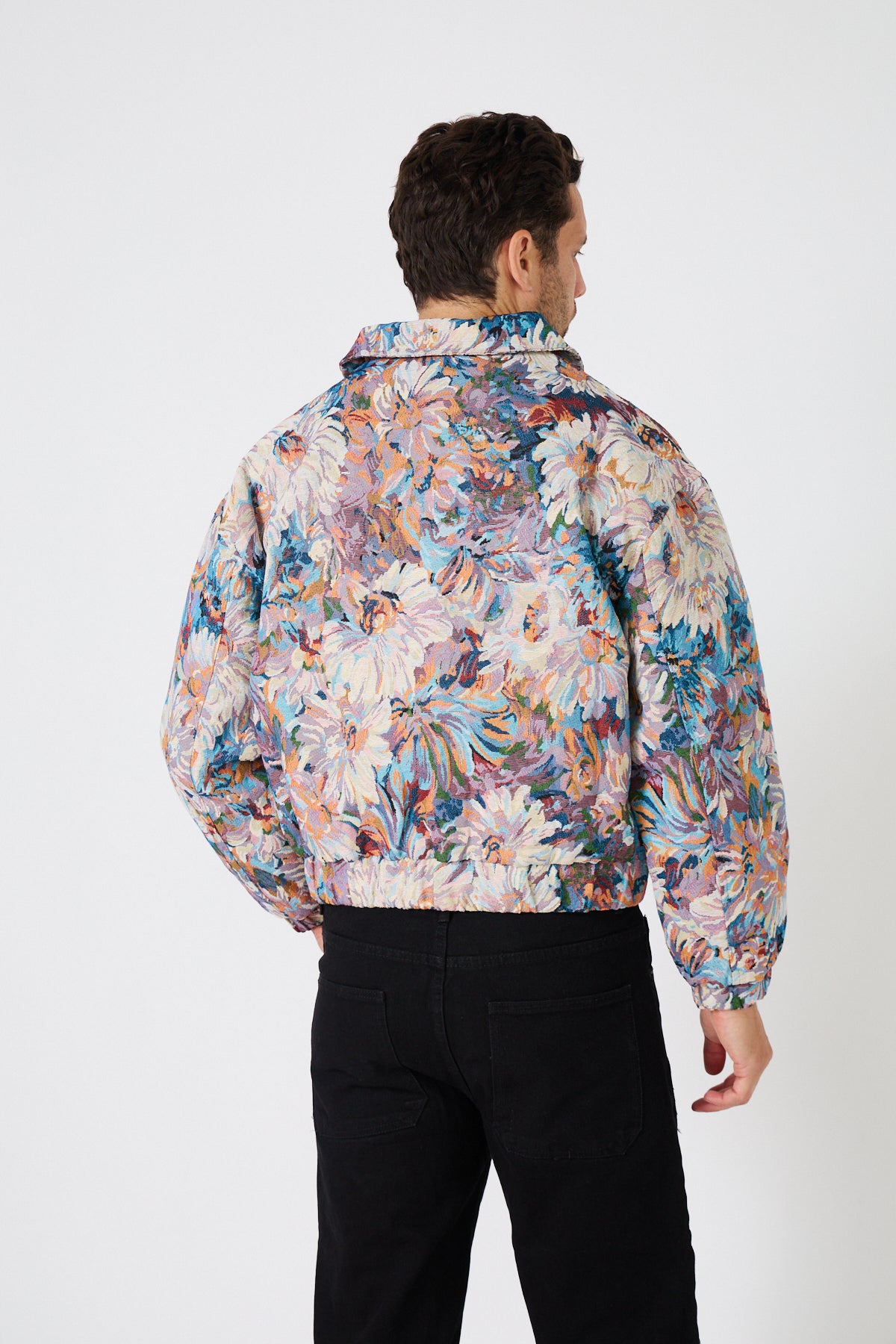Veste zippée oversize à motif floral jacquard