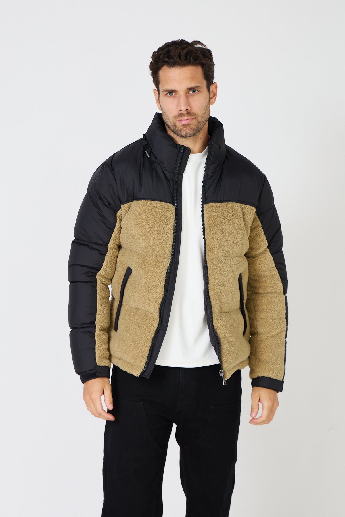 Color-Block Down Jacket with Plush Detail