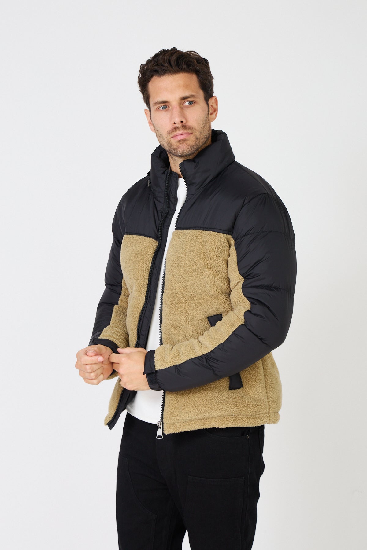 Color-Block Down Jacket with Plush Detail