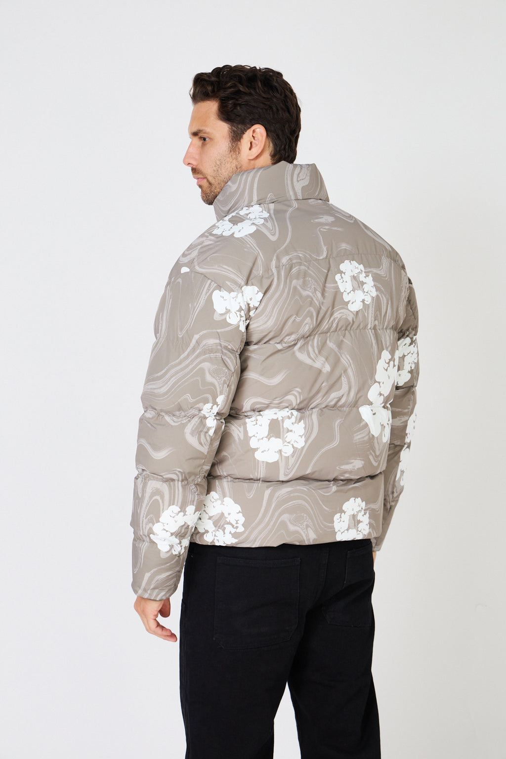 Men's black down jacket with white floral print