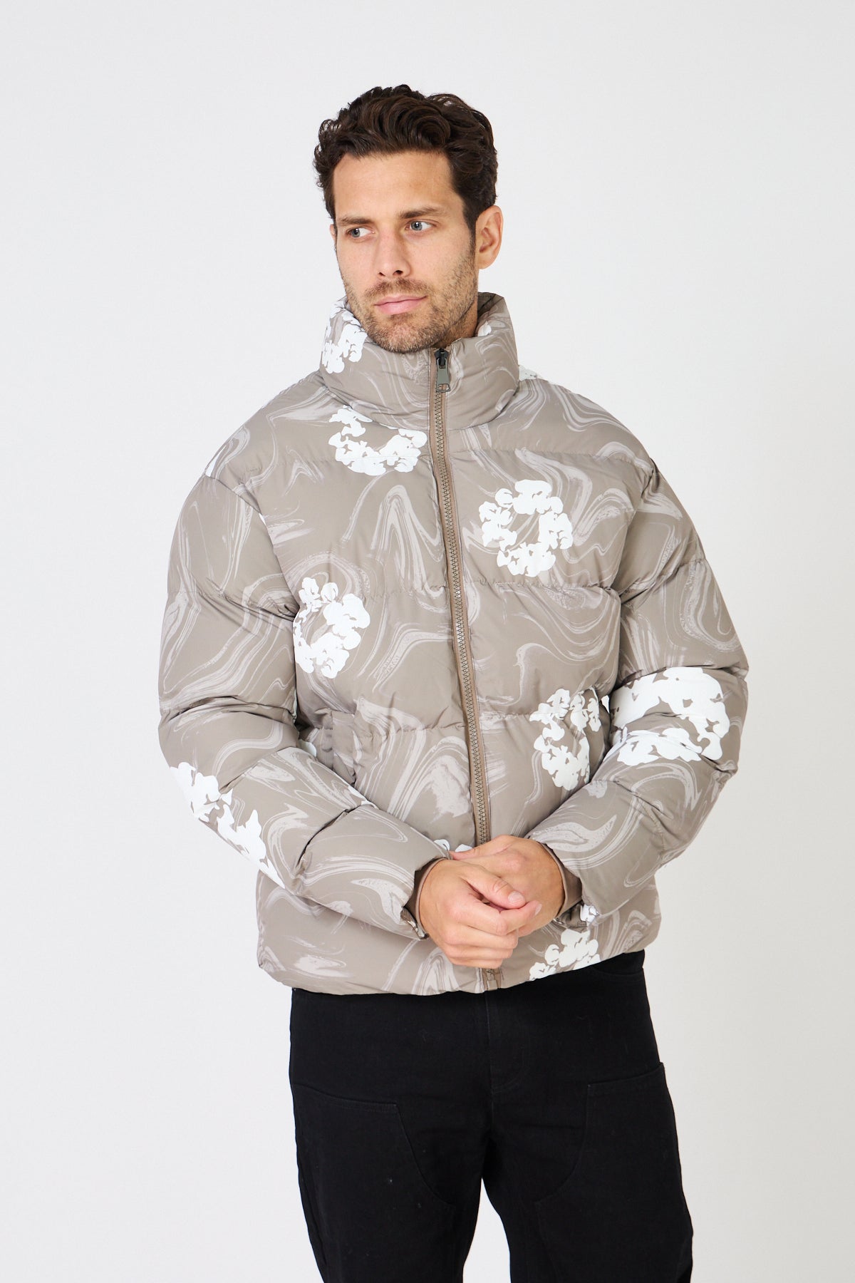 Men's black down jacket with white floral print