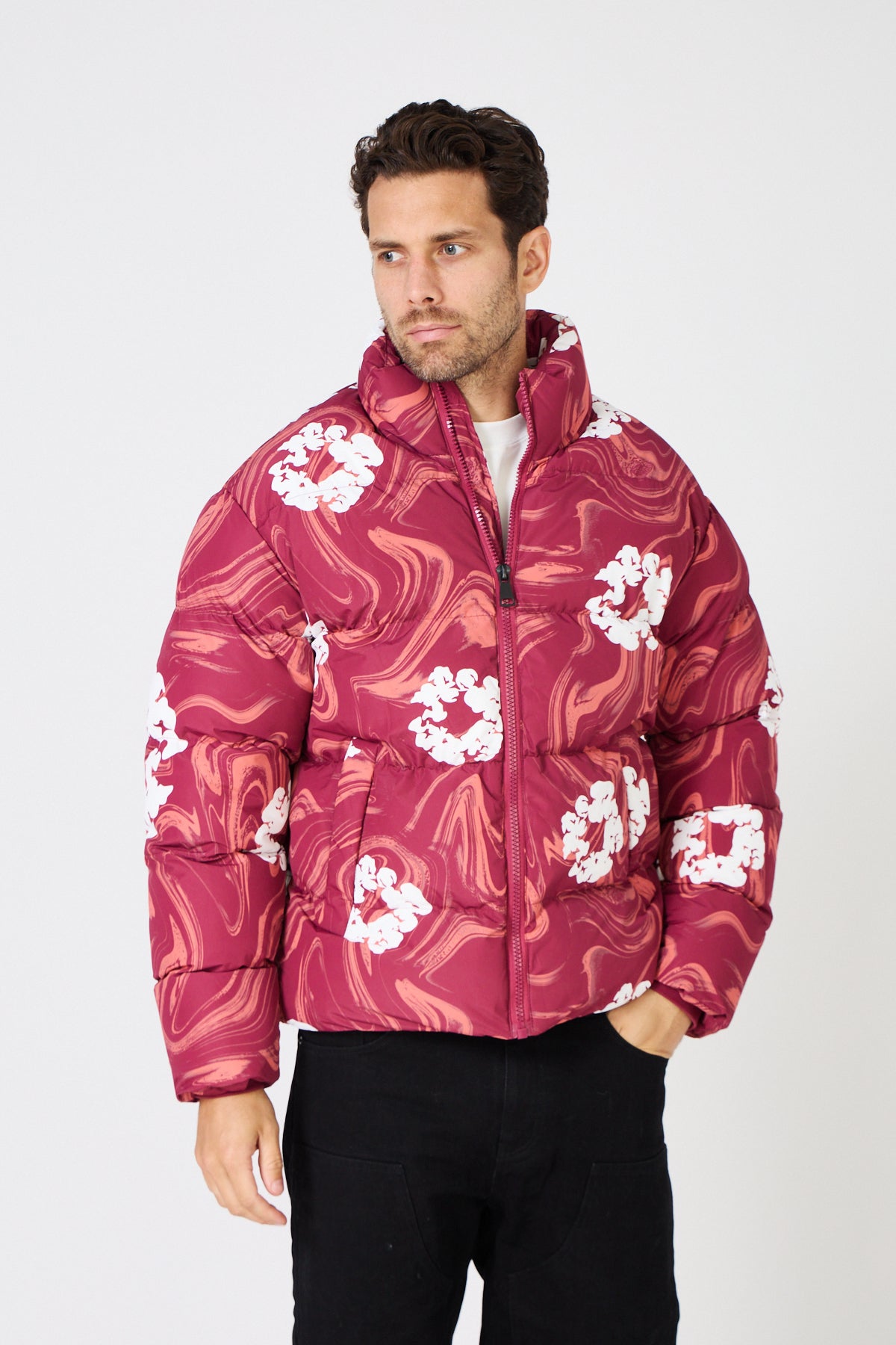 Men's black down jacket with white floral print