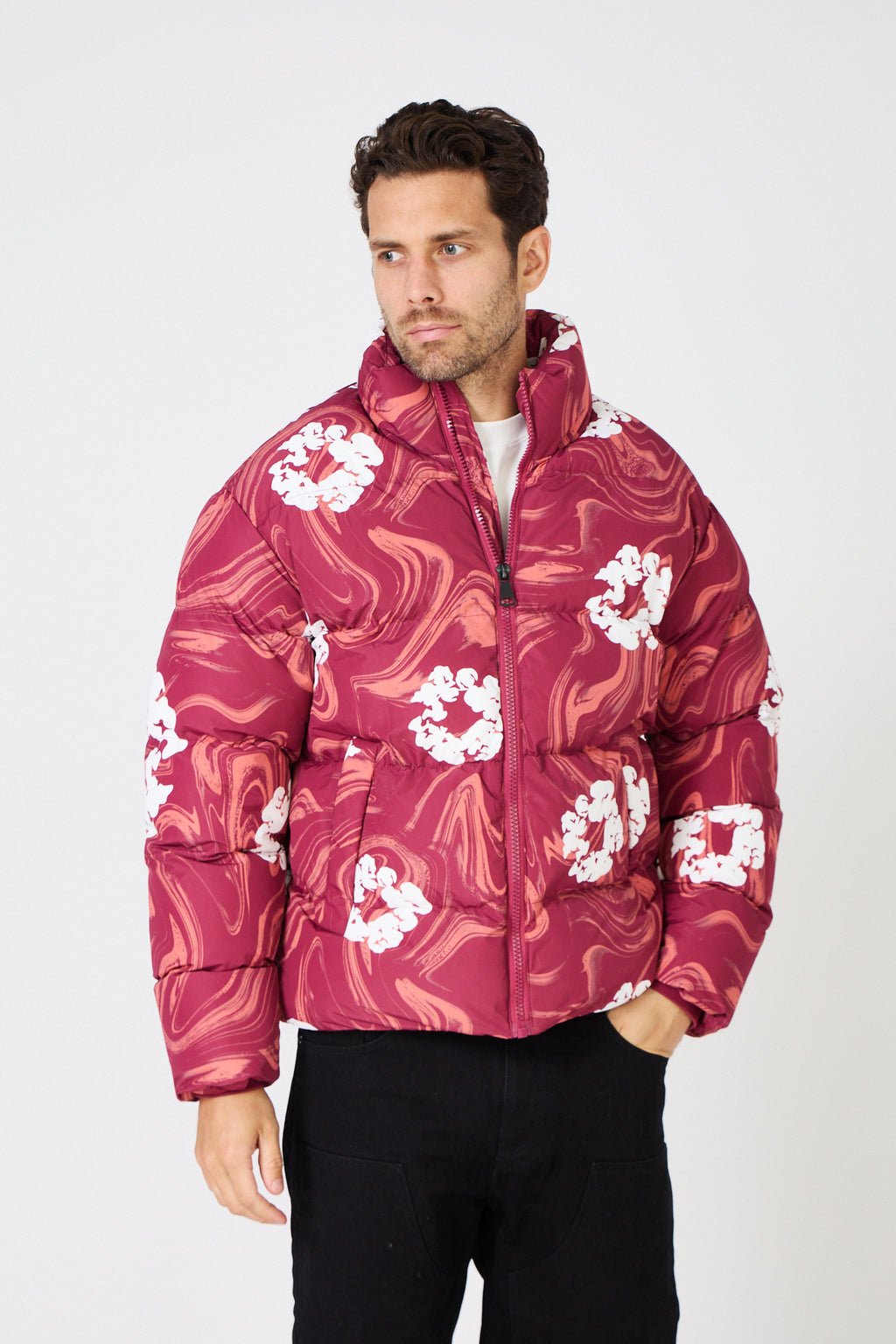 Men's black down jacket with white floral print