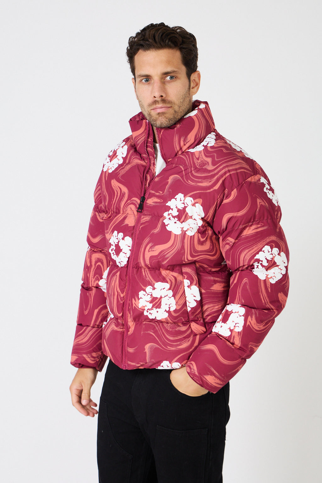 Men's black down jacket with white floral print