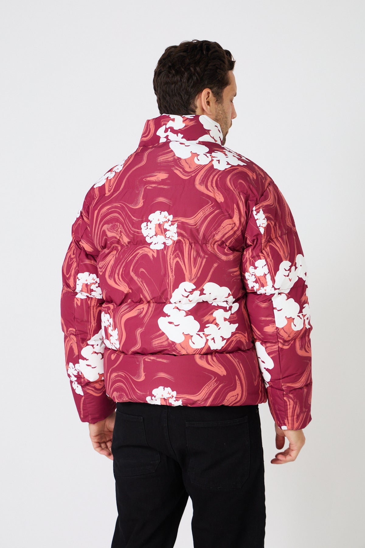 Men's black down jacket with white floral print