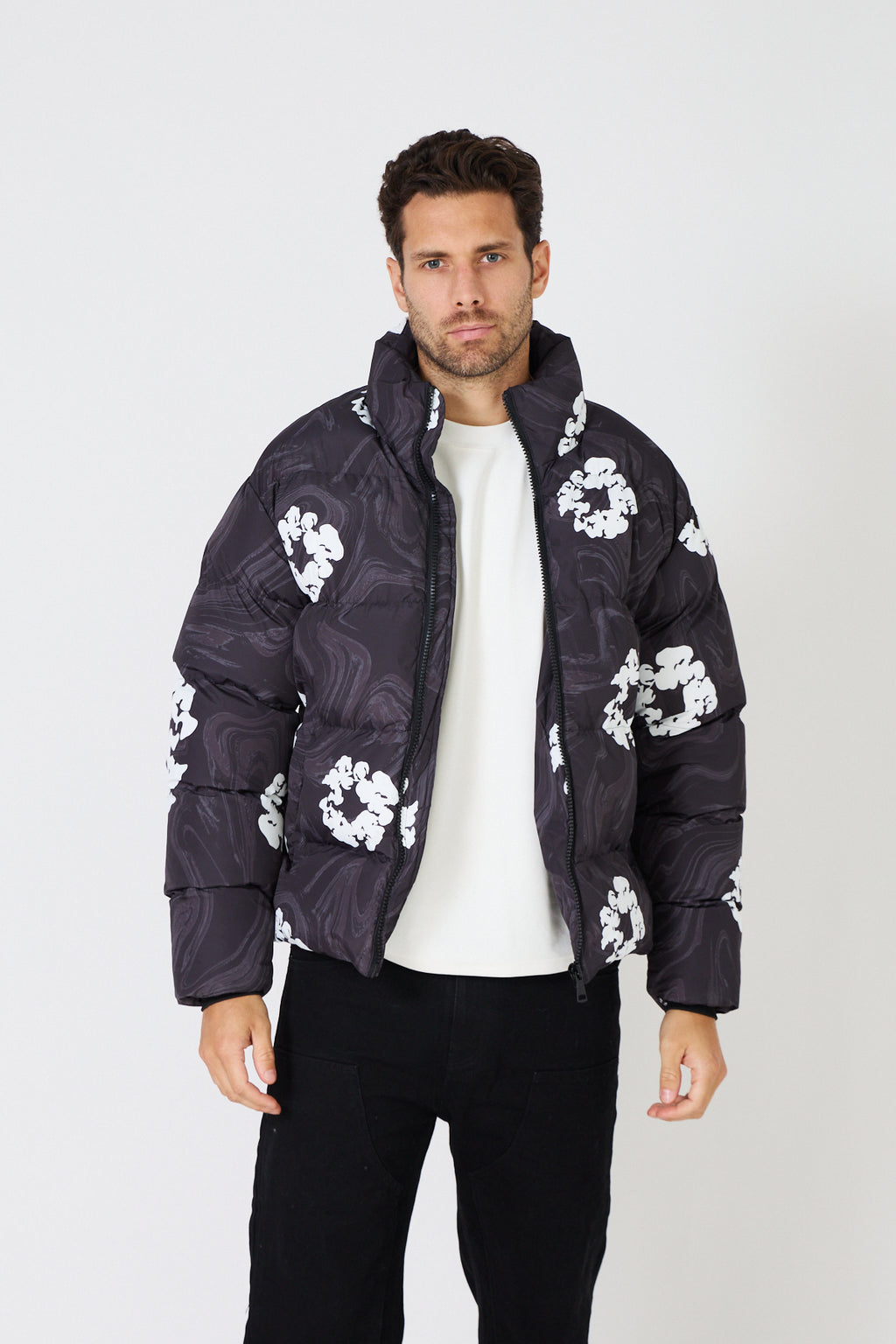 Men's black down jacket with white floral print
