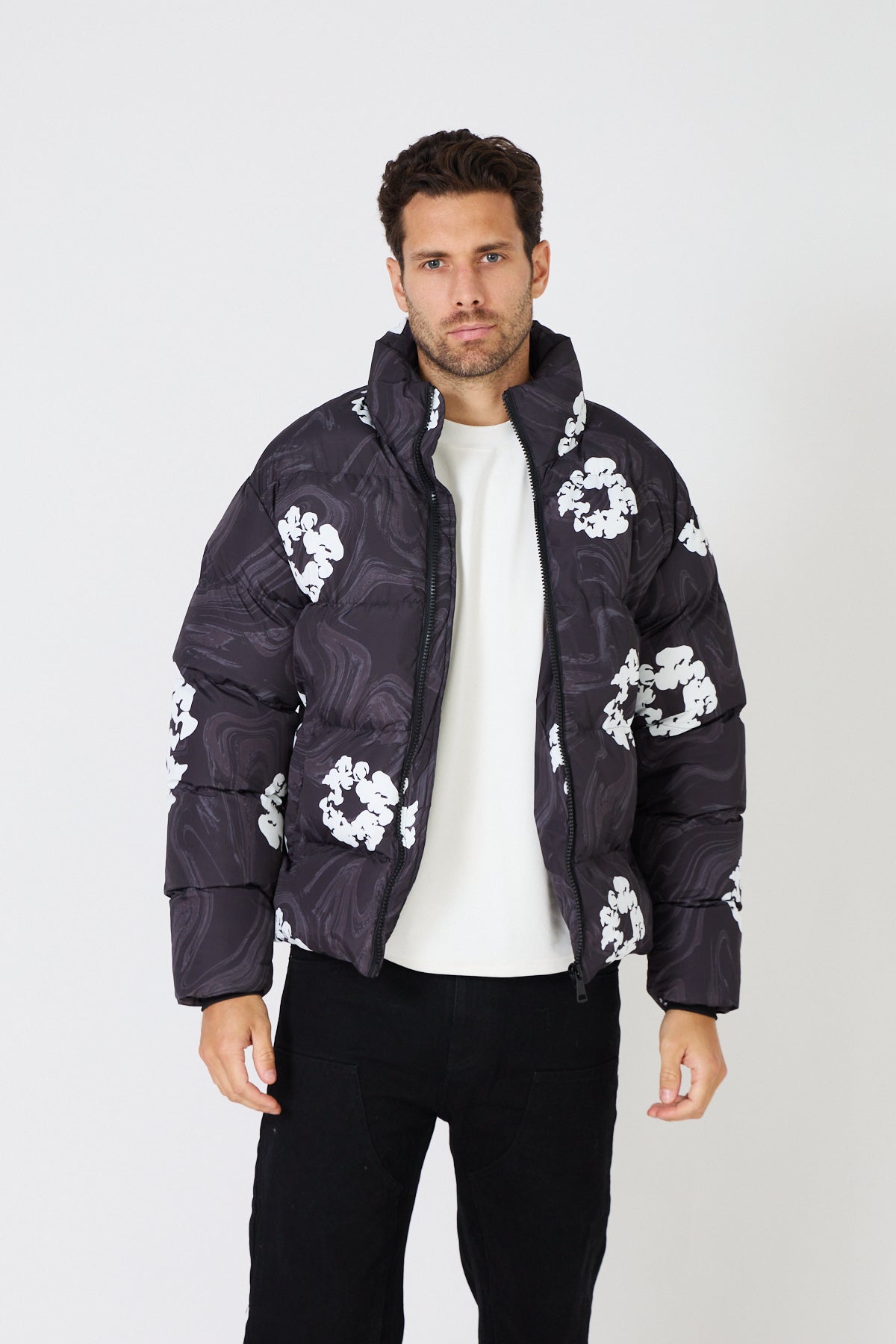 Men's black down jacket with white floral print