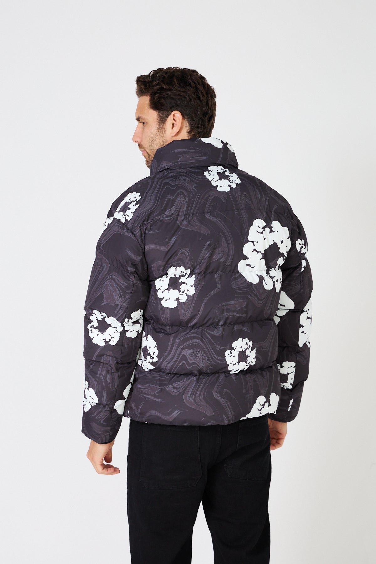 Men's black down jacket with white floral print