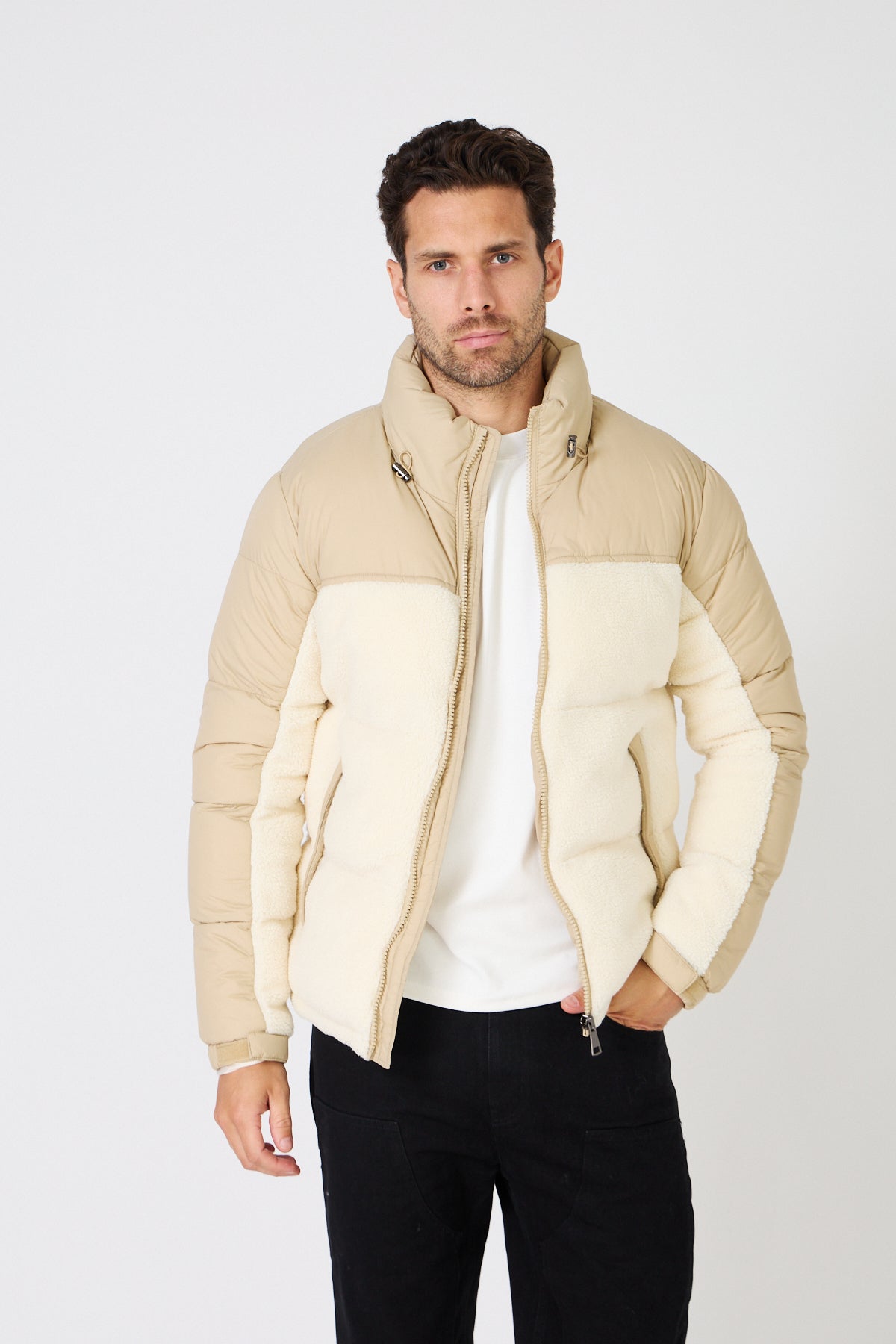 Color-Block Down Jacket with Plush Detail