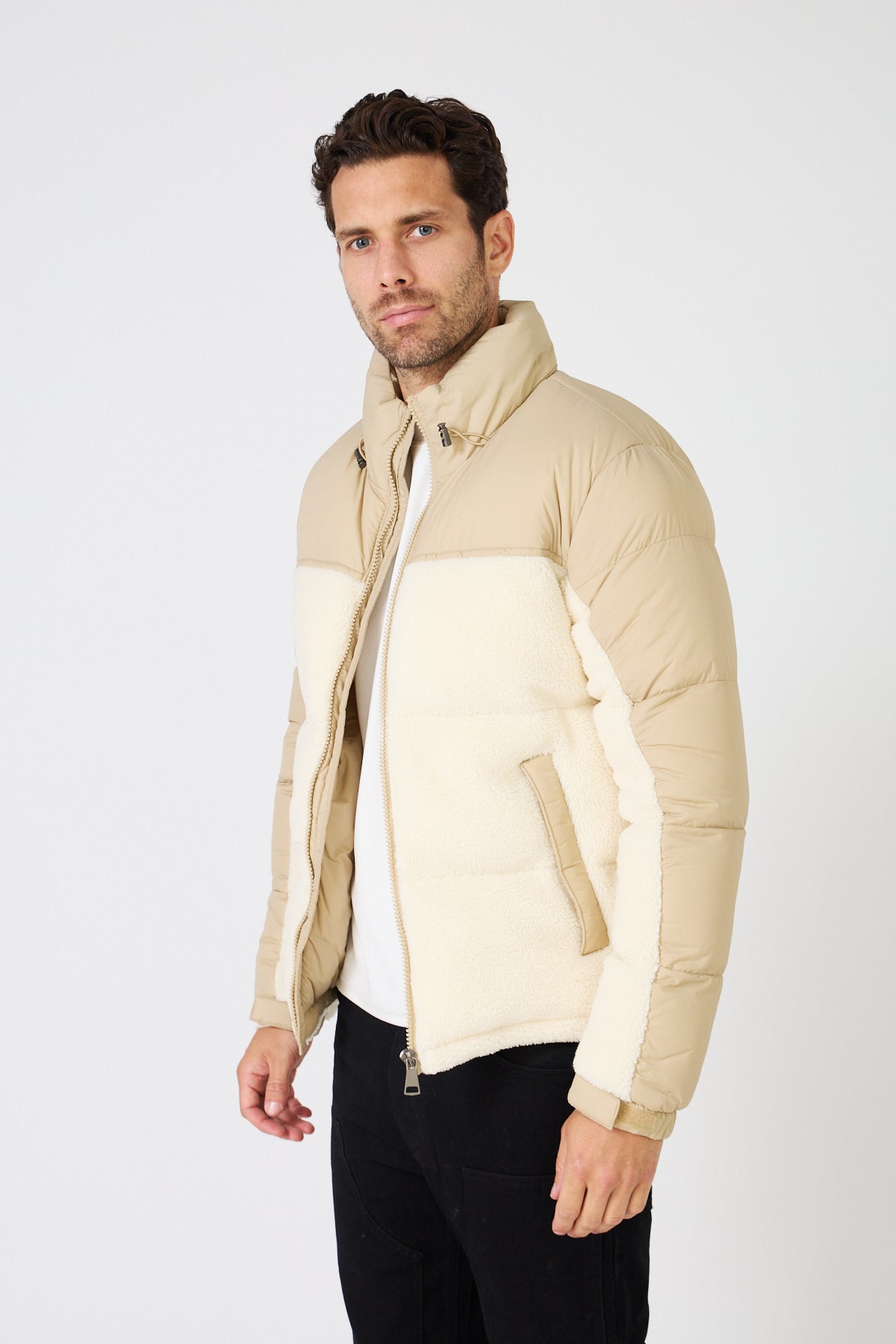 Color-Block Down Jacket with Plush Detail