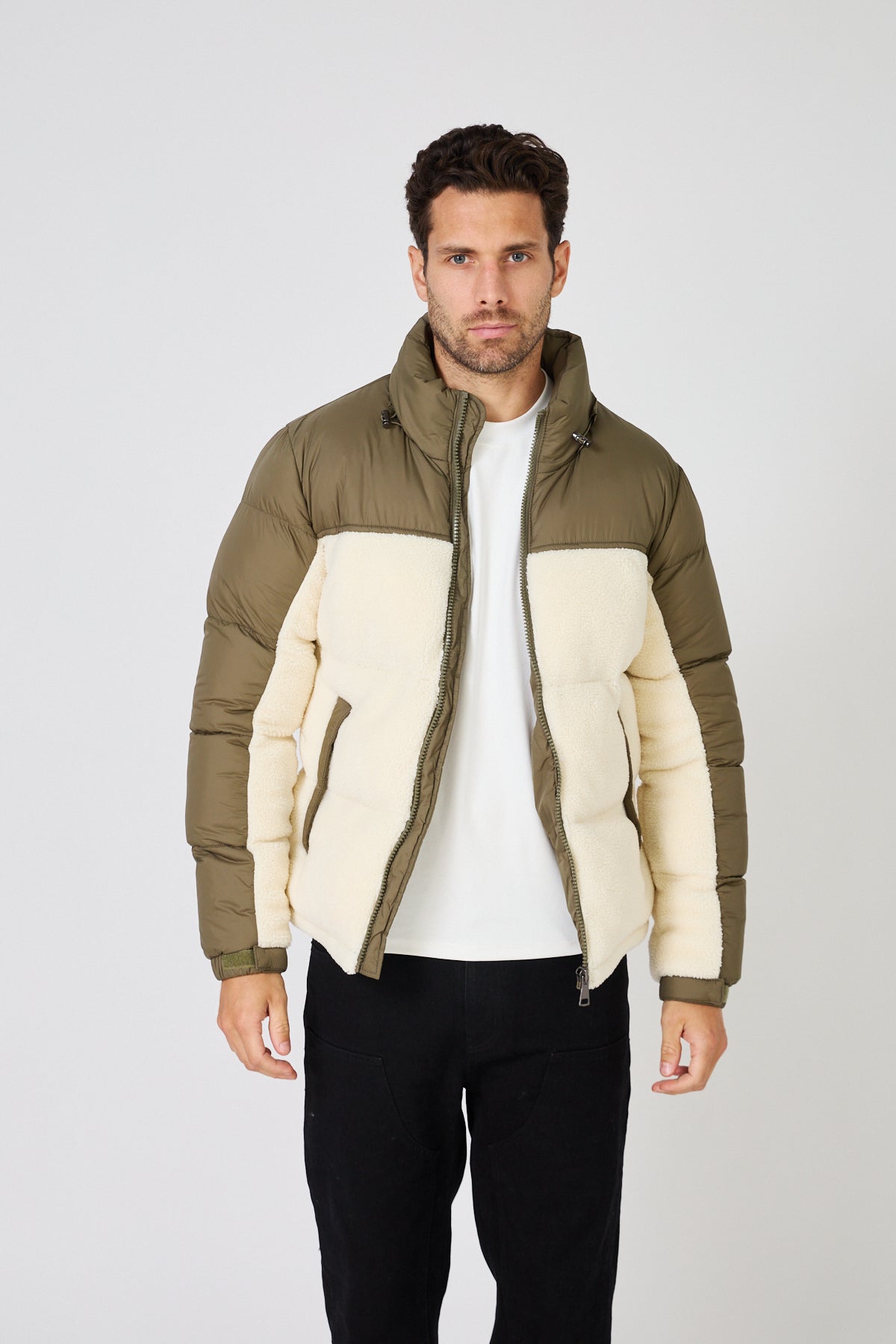 Color-Block Down Jacket with Plush Detail