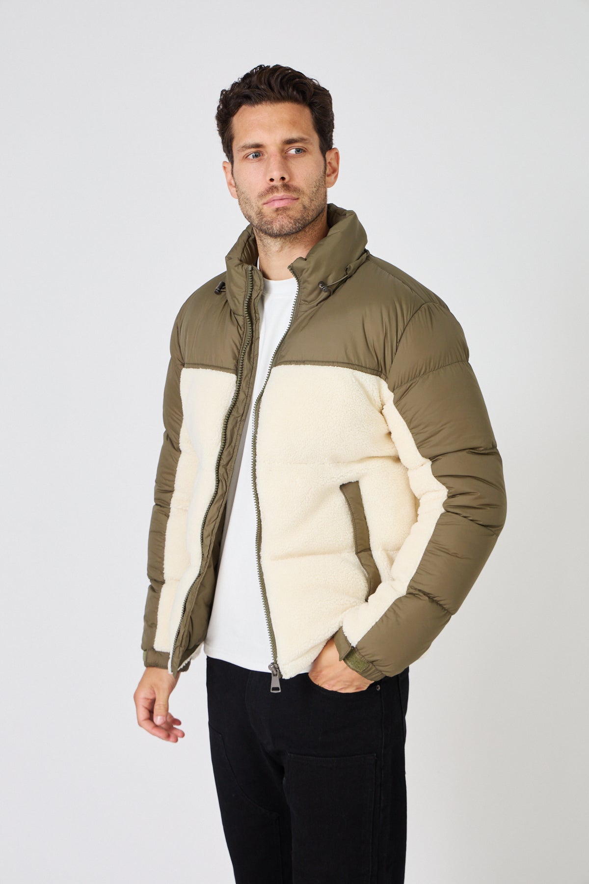 Color-Block Down Jacket with Plush Detail