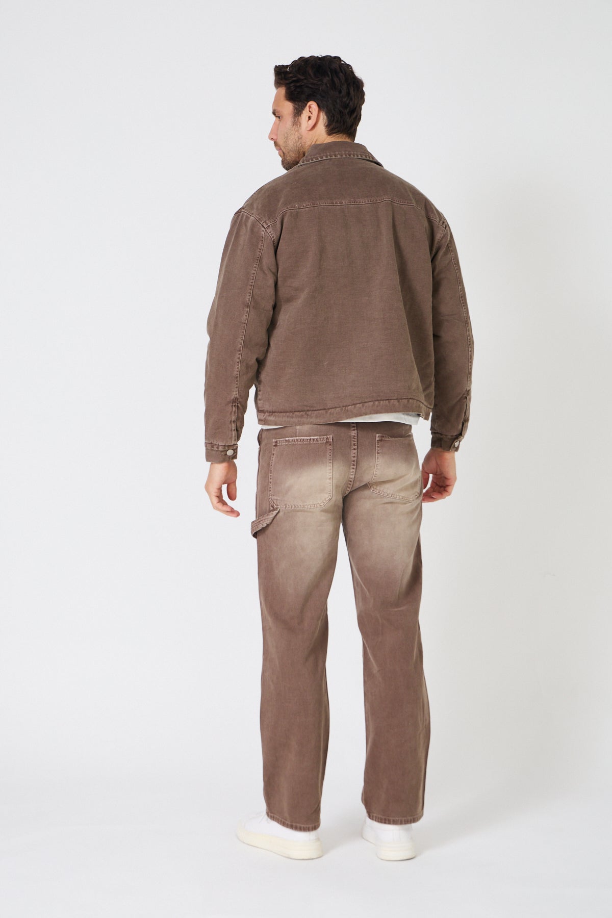 Veste et pantalon en jean délavé effet marron vieilli– Ensemble