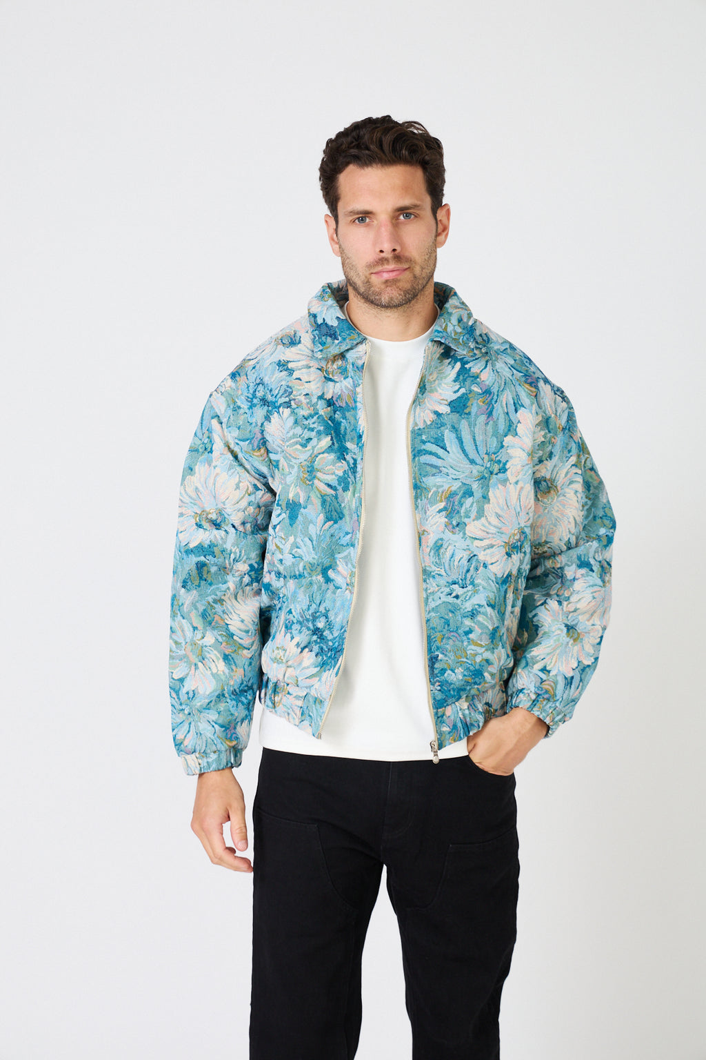 Veste zippée oversize à motif floral jacquard
