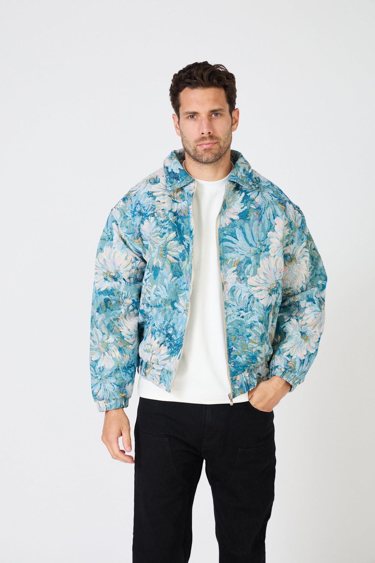 Veste zippée oversize à motif floral jacquard
