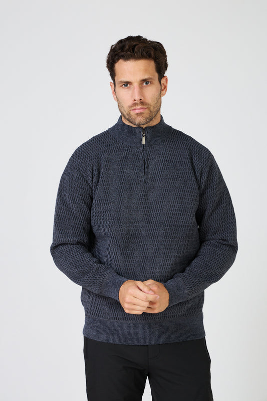 Pull Homme Maille Texturée - Col Montant Zippé
