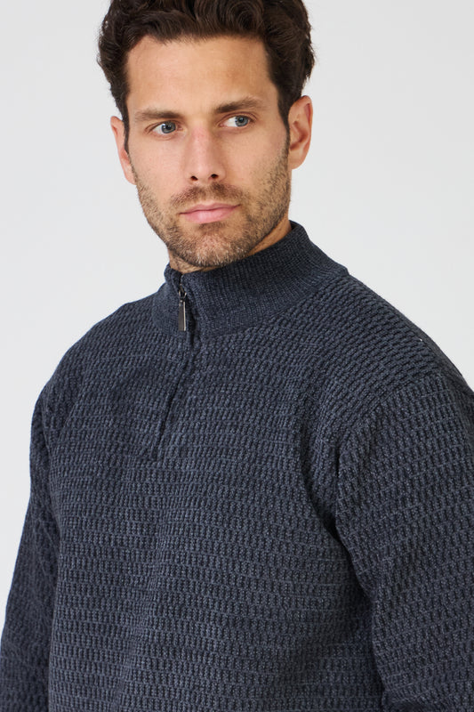 Pull Homme Maille Texturée - Col Montant Zippé