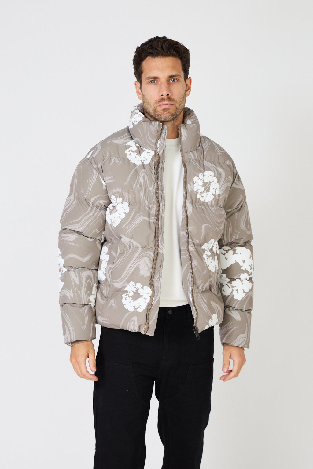 Men's black down jacket with white floral print