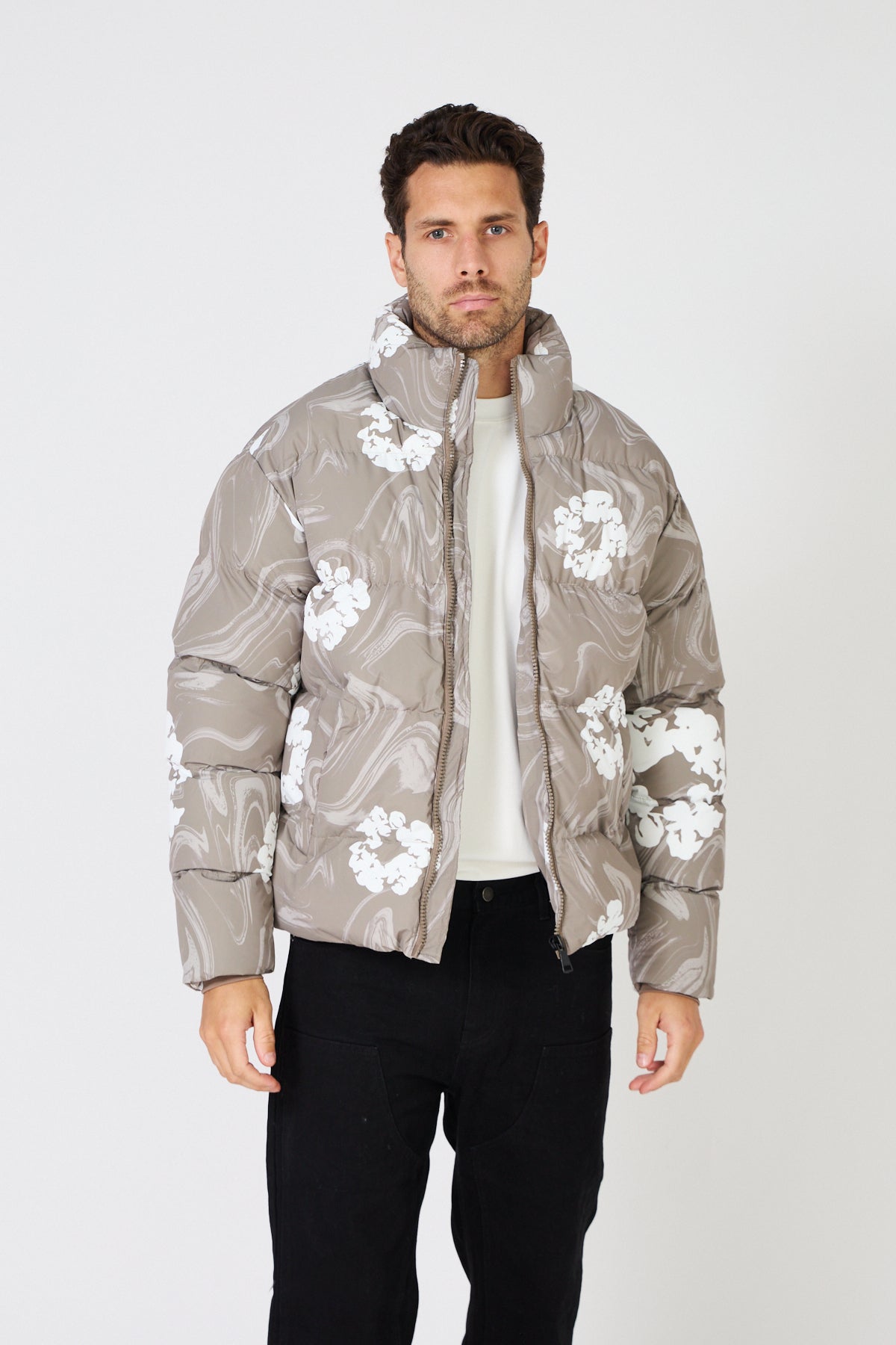 Men's black down jacket with white floral print