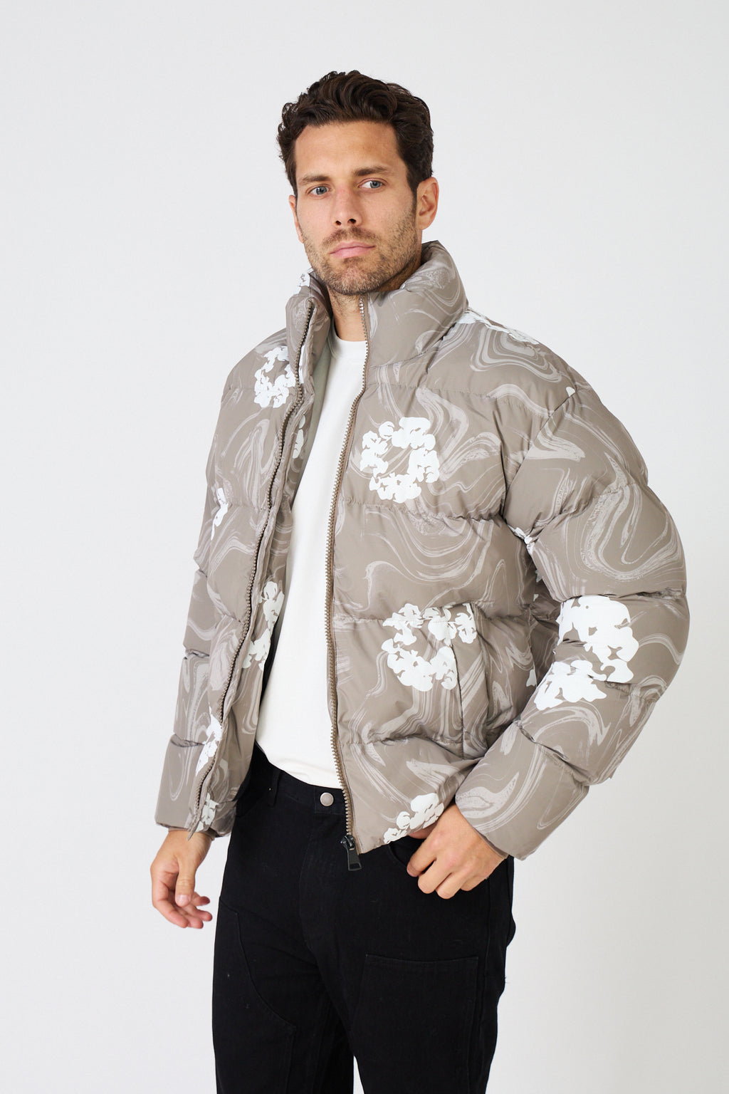 Men's black down jacket with white floral print